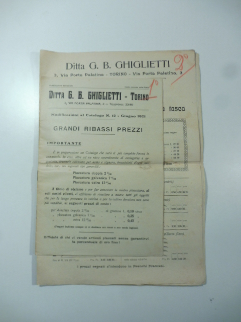 Ditta G. B. Ghiglietti. Torino. Modifiche catalogo n. 12. Luglio 1921. (SEGUE): Modifiche al catalogo n. 12. Settembre 1921